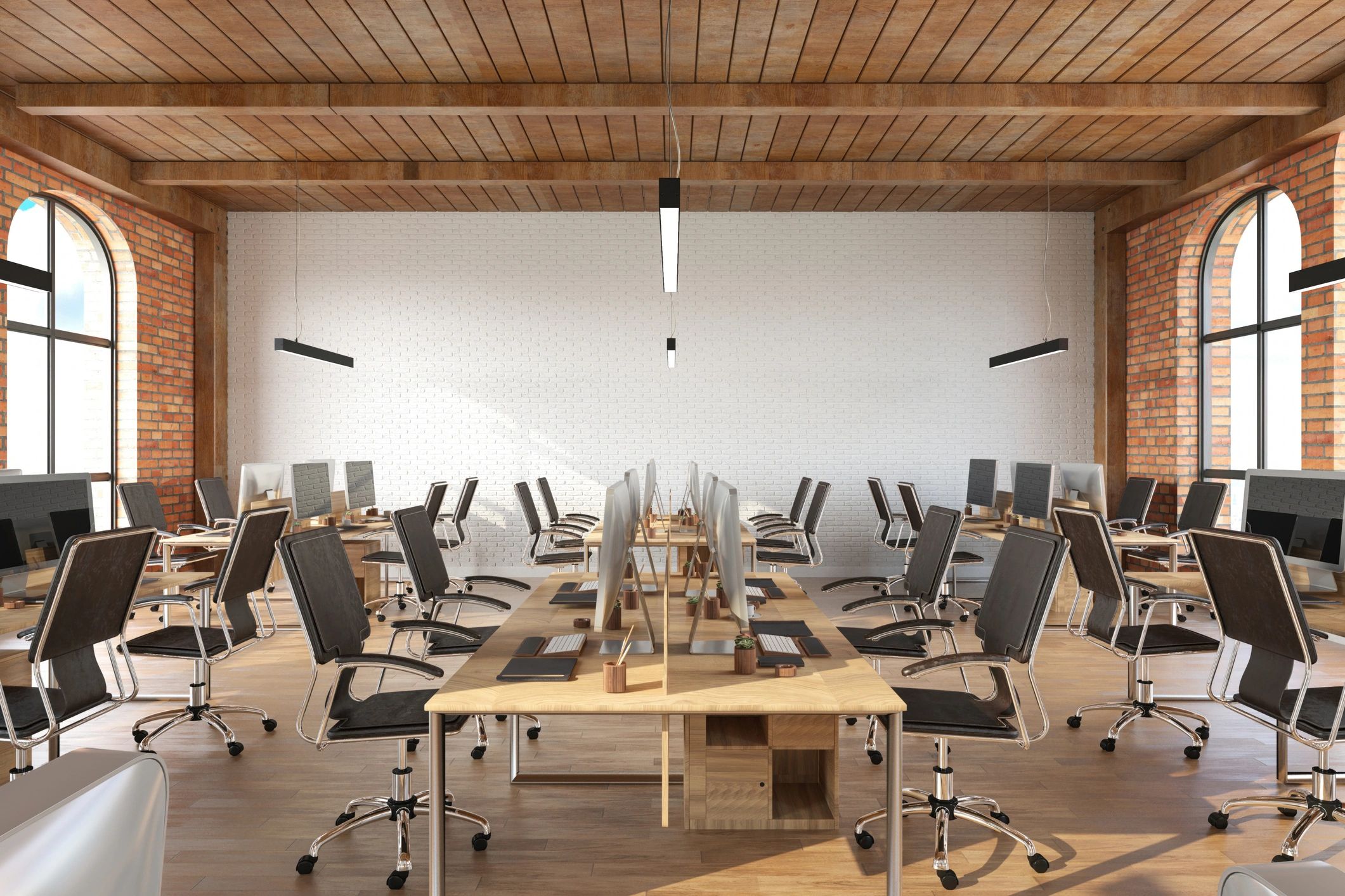 Interior de oficina abierta con áreas de almacenamiento y trabajo