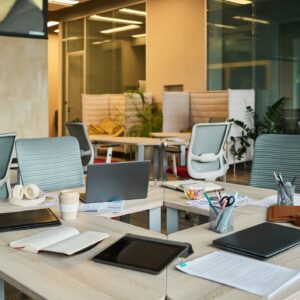 Modern Open Plan Office Workspace Prepared for Team Collaboration